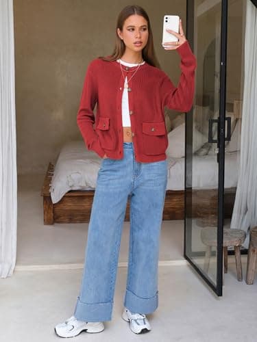 EXLURA Womens 2025 Knit Cardigan Sweaters Spring Fall Crewneck Open Front Button Jacket Fashion Outerwear Coats with Pockets Wine Red - Thumbnail 3