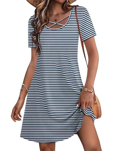 Summer Dresses for Women Beach Vacation Clothes Cruise Travel Essentials Resort Wear Spring Outfits 2026 Womens Fashion Clothing Boho Maxi Hawaiian Casual Midi Golf Tennis Athletic Striped Shirt Dress - Image 1