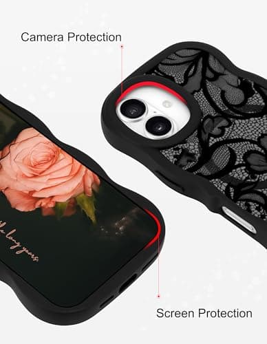 Aitipy Magnetic Case for iPhone 16, Compatible with MagSafe, Cute Black Lace Flower Aesthetic Soft Silicone Curly Wavy Shockproof Protective Phone Cover for Women Girls - Thumbnail 5