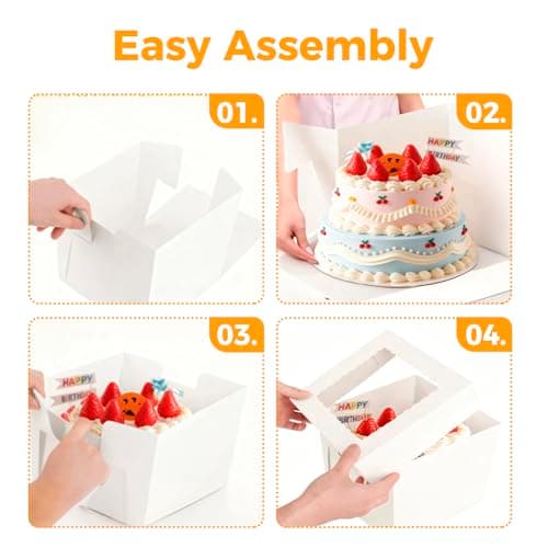 5 Sets Cake Boxes,10x10x8 Inch Tall Cake Box with Cake Boards 10",Disposable Cake Containers with Lids,White Bakery Boxes with Large Window,for Layer Cakes,Pies,Donuts,Cookies,Wedding,Birthday,Party - Thumbnail 6