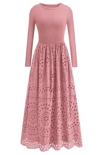 dowerme Women Spring Dresses 2026 Casual Long Sleeve Crewneck A-Line Boho Eyelet Cotton Maxi Wedding Guest Dress Pockets(Pink,X-Large) - Image 1
