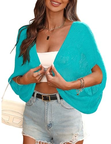 Shrugs for Women Cropped Cardigan Sweaters Trendy Lightweight 3/4 Sleeve Button Down Crochet Textured Shrugs Top Sky Blue S - Image 1