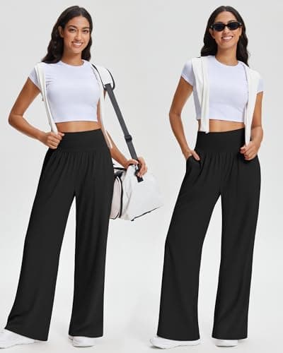 Stelle Women's Wide Leg Yoga Pants with Pockets High Waist Loose Sweatpants Comfy Casual Lounge Pants Black 28" Inseam Small - Thumbnail 6