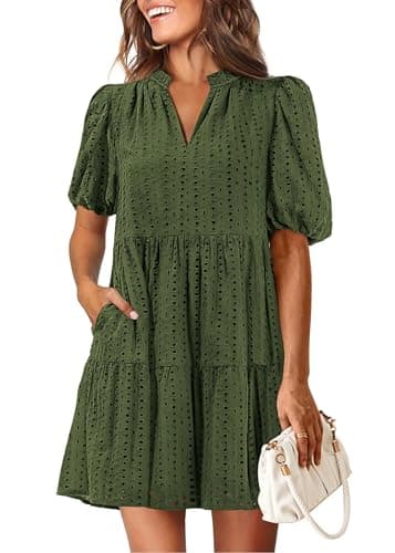 KIRUNDO Eyelet Summer Dresses for Women 2026 Mini Casual Hollow Out Short Sleeve Lace Tiered V Neck Shift Dress Pockets(Army Green, XX-Large) - Image 1