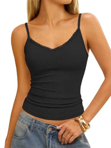 GKBK Womens Lace Tank Tops Ribbed V Neck Adjustable Spaghetti Straps Sleeveless Shirts Y2K Fitted Summer Basic Cami Tops Black - Image 1