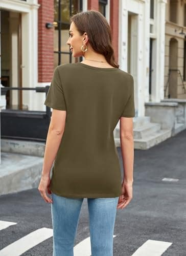 Herou Round Neck T Shirts Women Ladies Short Sleeve Cute Summer Tops Side Split Army Green Large - Thumbnail 5