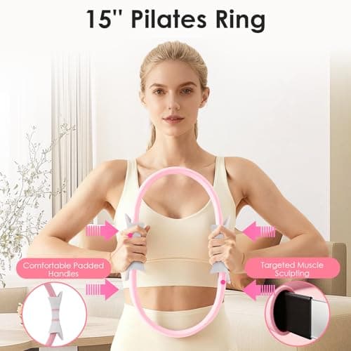 16 PCS Pink Pilates Ring and Ball Set for Women with 15" Magic Circle, Home Pilates Equipment Kit with Adjustable 1LB Ankle Wrist Weight, Resistance Band, Gliding Discs, Pilates Essentials Accessories - Thumbnail 2
