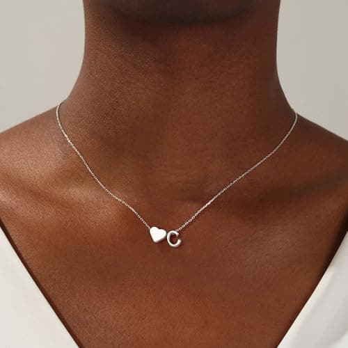 Turandoss Heart Initial Necklace for Women, 18K-White-Gold-Plated Heart Initial C Dainty Necklaces Tiny Silver Necklaces Birthday Gifts for Women Jewelry - Thumbnail 2
