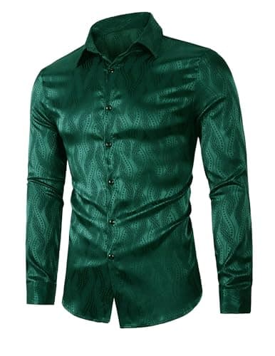 ZAFUL Mens Luxury Jacquard Long Sleeve Dress Shirt Button Down Shiny Satin Slik Wedding Party Shirts Green M - Thumbnail 6