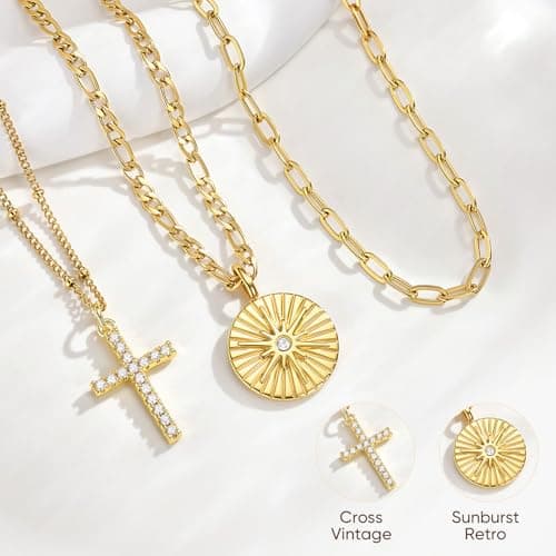 Gold Layered Necklace for Women - 3Pcs 18K Gold Plated Cross Necklaces, Stainless Steel Stackable Necklace Cuban Link Paperclip Chain Trendy Jewelry, Herringbone Choker Christmas Birthday Gift for Her - Thumbnail 5