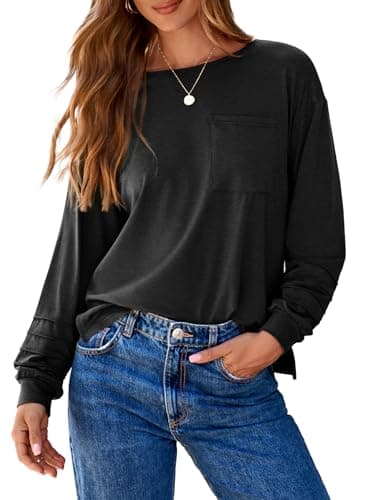 Dokotoo Tops for Women Trendy Comfy Spring Outfits for Women 2026 Casual Loose Crew Neck Long Sleeve T Shirts Soft Knit Solid Daily Business Pullover Side Slit Black Shirts Small - Image 1