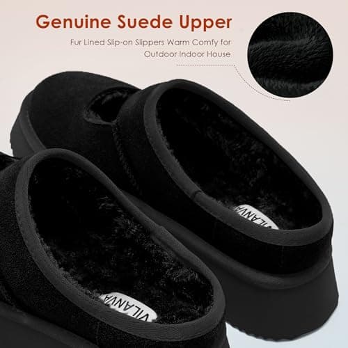 Vilanva Black Platform Slippers for Women Cozy Fur Lined Slip on Mary Jane Winter Shoes Warm Comfy House Slippers for Indoor Outdoor Size 9 - Thumbnail 5