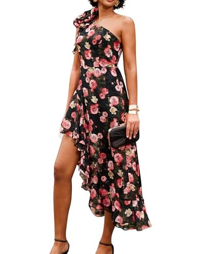 GRACE KARIN Women 2026 Summer One Shoulder Dresses Sleeveless Floral Flowy Boho Smocked Maxi Sundresses Black 8 - Image 1