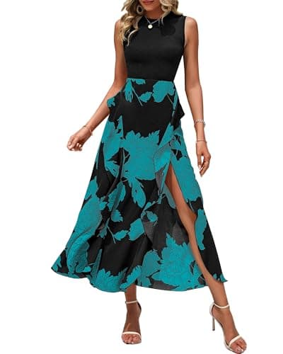 BTFBM Women Casual Sleeveless Summer Dresses 2025 Spring Crewneck Patchwork Boho Floral Ruffle Cocktail Party Midi Dress(Big Floral Lake Blue, X-Large) - Image 1