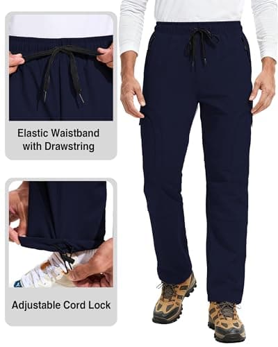 Mens Hiking Pants 5 Pockets Water Resistant Quick Dry Lightweight UPF 50+ Cargo Elastic Waist Drawstring Cuff Work Casual Golf Athletic Travel Jogging Navy Blue L - Thumbnail 6