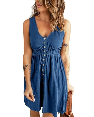 BTFBM Summer Dresses for Women 2026 Casual Spring Clothes Sleeveless Crewneck Beach Vacation Outfits Mini Flowy Sun Dress(Buttons Royal Blue, X-Large) - Image 1