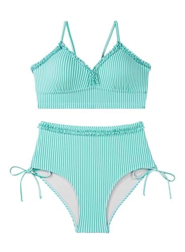 Herseas Women's Splice Ruffle Trim Bikini Sets Tie Side Wire Free Swim Suits 2026 Removable Pads High Waisted Stretchy Bathing Suits Green Stripes Vintage Holiday Teens Outfits X-Large - Thumbnail 5
