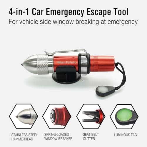 MonTelulu 4-in-1 Car Emergency Escape Tool, Spring-Loaded Window Breaker & Seatbelt Cutter with Tungsten Steel Hammerhead, Anti-Slip Luminous Design, with Practice Glass & Visor Clip (Red 1 Pack) - Thumbnail 2