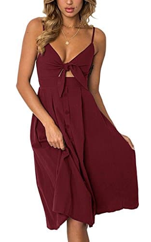 ECOWISH Women 2024 Summer Dresses Tie Front V-Neck Spaghetti Strap Button Down A-Line Backless Swing Midi Dress 572 Wine Red L - Image 1