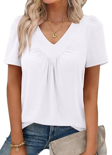 KKJ Womens T Shirts Ruched V Neck Puff Short Sleeve 2026 Dressy Casual Blouses Spring Summer Loose Fit Tops Business Clothes White - Image 1