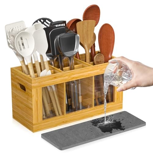 Yofidra Bamboo Utensil Holder & Silverware Organizer: Extra Large Cooking Holder with Absorbing Drying Stone and 6 Compartments Kitchen Countertop Storage Farmhouse Decor Accessories 11.8"X4.7"X5.9"