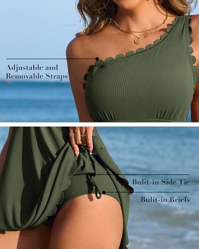 Charmo Womens Swimsuits Tummy Control One Piece Bathing Suit for Women One Shoulder Swimdress Modest Skirted Swim Suit with Built-in Briefs Army Green S - Thumbnail 4