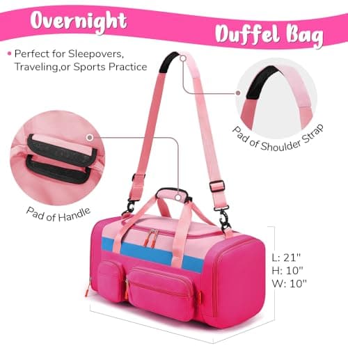 WOOMADA Kids Travel Bag with Shoe & Wet Pockets, Carry On Duffle Bag for Overnight Trips, Sports, School(hot pink) - Thumbnail 2