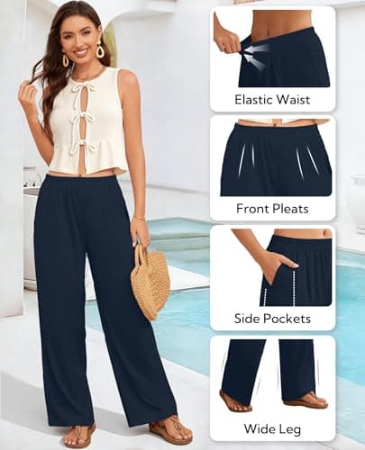 FireSwan Linen Pants Women Wide Leg Palazzo Pants Flowy Elastic Waist Summer Beach Casual Trousers with Pockets(Navy M) - Thumbnail 4