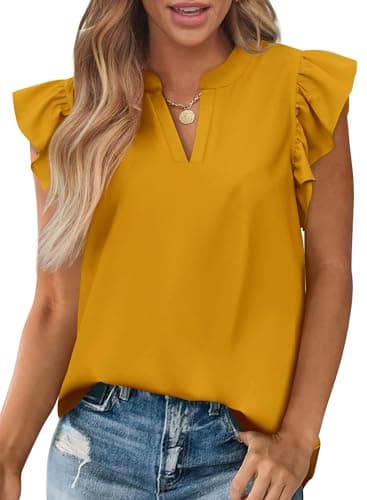 Zenlonr Womens Summer Tops 2026 Casual V Neck Ruffle Cap Sleeve Blouse Shirts Solid Color Tunic Tops(Brown Yellow,Medium) - Image 1