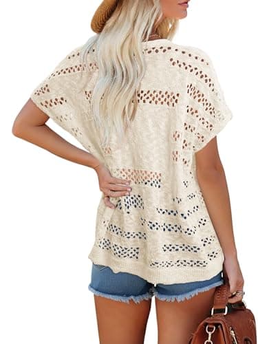 KISSMODA Womens Plastic Button Hollow Out Crochet Cardigan Light Apricot Oversized Loose Boho Summer Beach Picnic Cover-Up L - Thumbnail 6