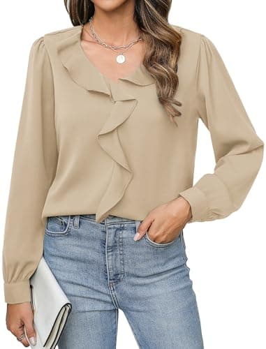 Neweek Long Sleeve Shirts for Women Womens Tops Trendy Loose Fit Front Ruffle V Neck Long Sleeve Camel - Image 1