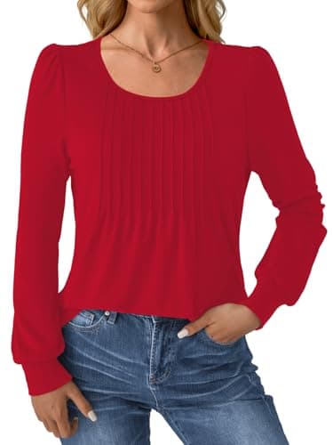 GKBK Women Long Sleeve Shirts Fall Tops Dressy Pleated Scooped Neck Tunic Tops for Leggings Red L - Thumbnail 2