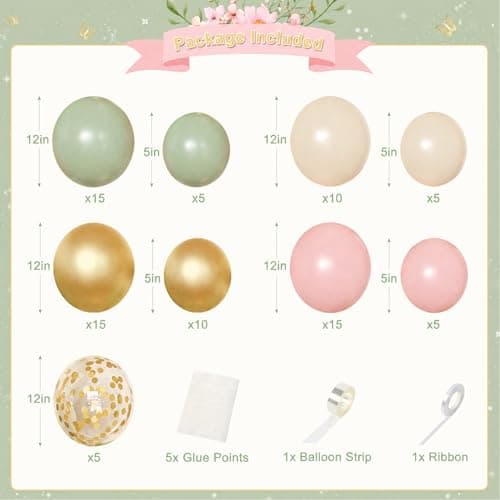 Pink and Green Birthday Decorations for Women Girls, Sage Green Pink Sand White Gold Foil Confetti Balloons Happy birthday Banner Gold Butterfly Fringe Curtains Birthday Decorations - Thumbnail 2