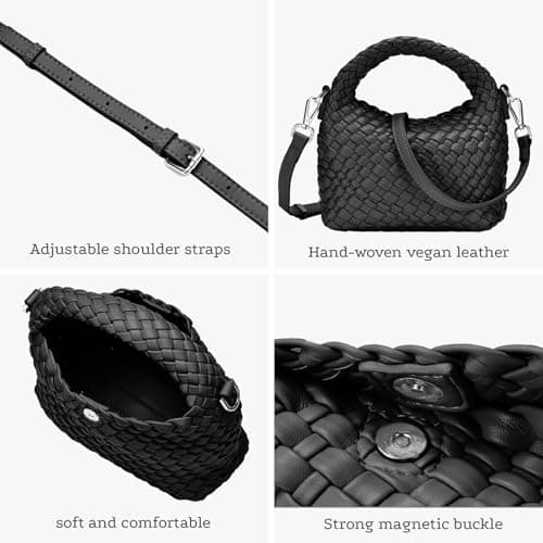 Vegan Leather Woven Crossbody Bag,Mini Hobo Handbags,Crossbody purse for Women, Small woven tote bag with Adjustable straps (Black) - Thumbnail 5