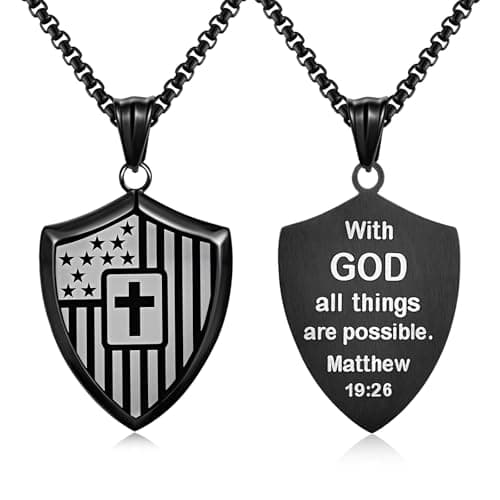 Christian Cross Bible Verse Necklace for Men - Shield American Flag Stainless Steel Chain Black Necklaces Religious Christian Catholic Jewelry Gifts for Men - Image 1