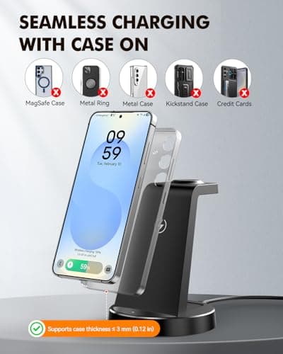 Wireless Charger for Samsung: 3 in 1 Charging Station for Samsung S26/S25/S24/S23/S22/S21, Note 20/10, Z Fold 6/5, Galaxy Buds 4/3/2 Pro, Galaxy Watch Ultra/8/7/6/5-Android & iPhone 15W Charging Dock - Thumbnail 5