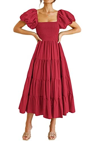 PRETTYGARDEN Women's Casual Summer Midi Dress Puffy Short Sleeve Square Neck Smocked Tiered Ruffle Dresses (Red,Large) - Image 1