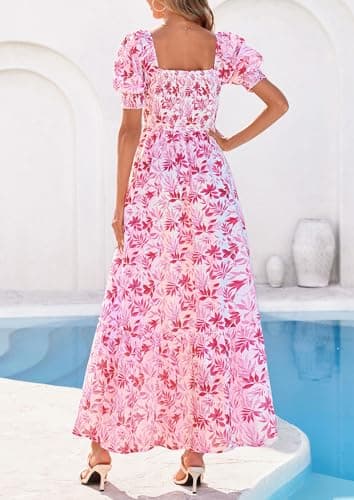 PRETTYGARDEN Women's Floral Boho Maxi Dresses Flowy Short Sleeve A Line Smocked Eyelet 2026 Summer Beach Vacation Clothes (Leaves Pink,Small) - Thumbnail 4