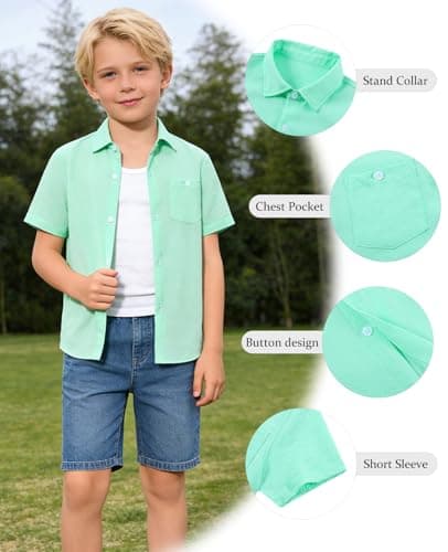 Cozople Boys Button Down Shirt Short Sleeve Kids Green Solid Color Shirts with Curved Hem Hawaiian Breathable Top Casual Vacation - Thumbnail 5