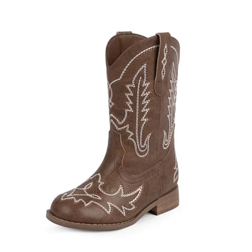 Modatope Boys Cowboy Boots Brown Toddler Cowgirl Boots for Girls Round Toe Pull On Mid Calf With Western Embroidery Little Big Kids Booties Horse Riding Shoes Party Birthday Little Kid 12 - Image 1