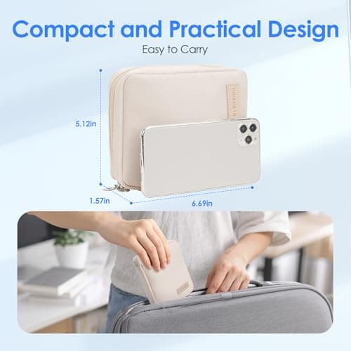 LENTION Tech Organizer Pouch Water Resistant, Compact Cable Bag for Macbook Charger, Power Bank, USB Cables, Earphones - Travel & Daily Electronics Case (Beige) - Thumbnail 2