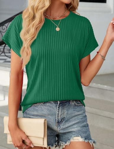 JUSTFASHIONNOW Womens Short Sleeve Blouses Business Casual Tops Crew Neck Basic Tees Textured Work Shirts Cute Office Outfits(Green,M) - Thumbnail 3
