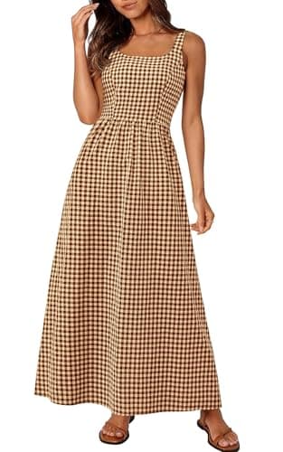 PRETTYGARDEN Women's 2026 Summer Spaghetti Strap Maxi Dresses Plaid Square Neck A Line Casual Beach Vacation Long Sundress (Coffee,X-Large) - Image 1