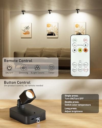 Diomart Spotlights Indoor with Remote, 4000mAh Rechargeable Battery Spotlight Indoor, Wireless Uplighting with 3 Colors & Dimmable, LED Picture Light for Painting, Artwork Accent Lighting(2 Pack) - Thumbnail 2