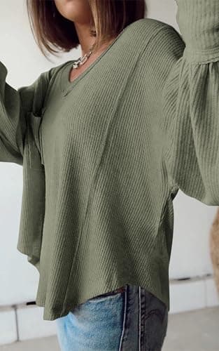 BTFBM Womens Fall Fashion 2026 Long Sleeve Shirts Casual V Neck Ribbed Knit Blouses Pullover Trendy Loose Fit Tunic Tops(Bean Green, Large) - Thumbnail 5