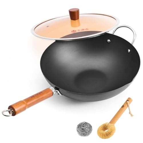 WANGYUANJI 12.6" Carbon Steel Wok with Glass Lid, Traditional Uncoated Flat Bottom Stir Fry Pan for Induction & Gas, Heavy Duty Chinese Chef Wok with Cleaning Accessories (32cm) - Image 1