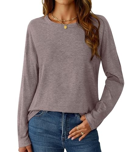 GKBK Long Sleeve Shirts for Women Crew Neck Basic Tops Casual Loose Fitted Fall Clothes 2025 Gray Purple L - Image 1