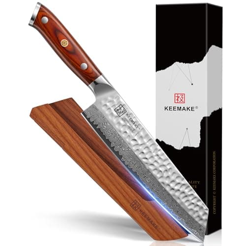 KEEMAKE Kiritsuke Chef Knife, 8 Inch Damascus Japanese Kitchen Knife with Ergonomic Pakkawood Handle, Ultra Sharp Non-Slip Cooking Knife with Ash Sheath - Image 1