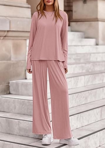 KIRUNDO Spring 2 Piece Lounge Sets for Women Long Sleeve Ribbed Knit Tops Wide Leg Pants Matching Travel Outfits Postpartum(Pink, Medium) - Thumbnail 5
