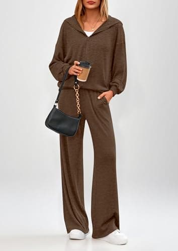 PRETTYGARDEN Women's 2 Piece Fall Lounge Sets 2026 Zip Up Hoodie Wide Leg Tracksuit Spring Matching Travel Outfits Clothes (Coffee,X-Large) - Thumbnail 2